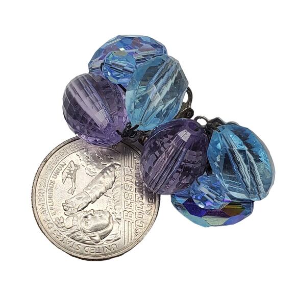 1960s Vogue Clip Earrings Blue Purple AB Beads Pastel Cluster Button Mid Century - Picture 4 of 7